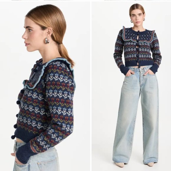 NEW SEA Anna Ruffled Cropped Merino Wool-jacquard Cardigan M Women - Picture 3 of 10